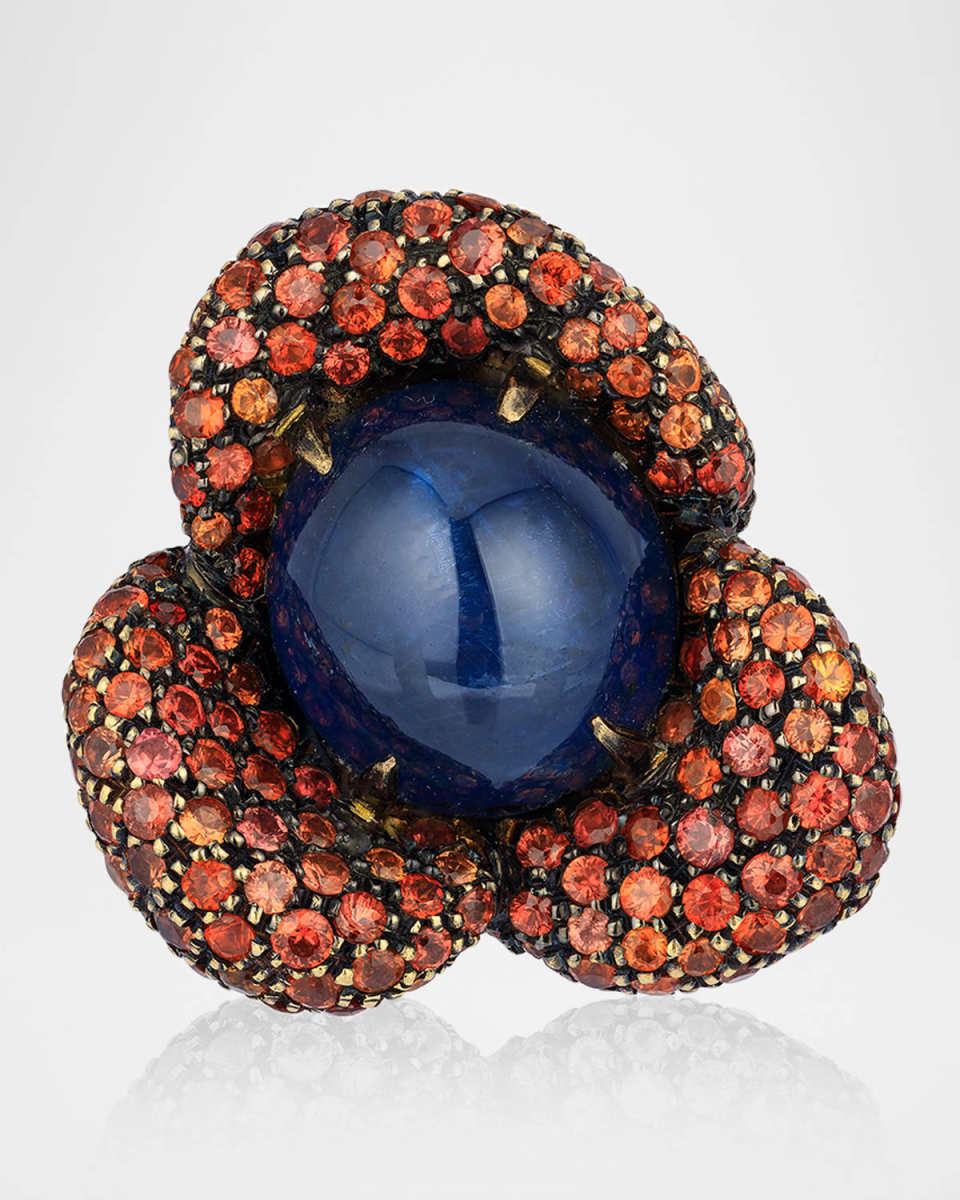 18K Yellow Gold Orange and Blue Sapphire Poppy Ring, Size 6.5
